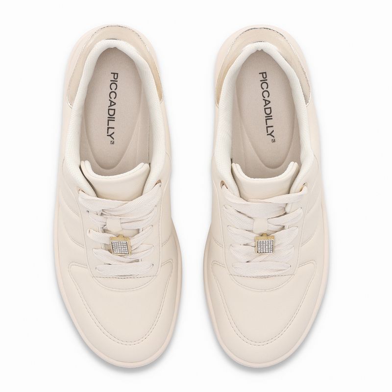 Tênis Beta Salto Baixo Off White com Ouro