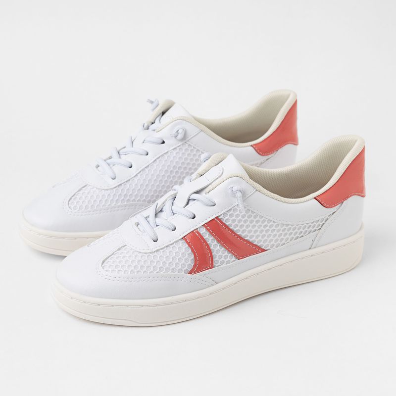 Tênis Beta Salto Baixo Branco Neve com Coral