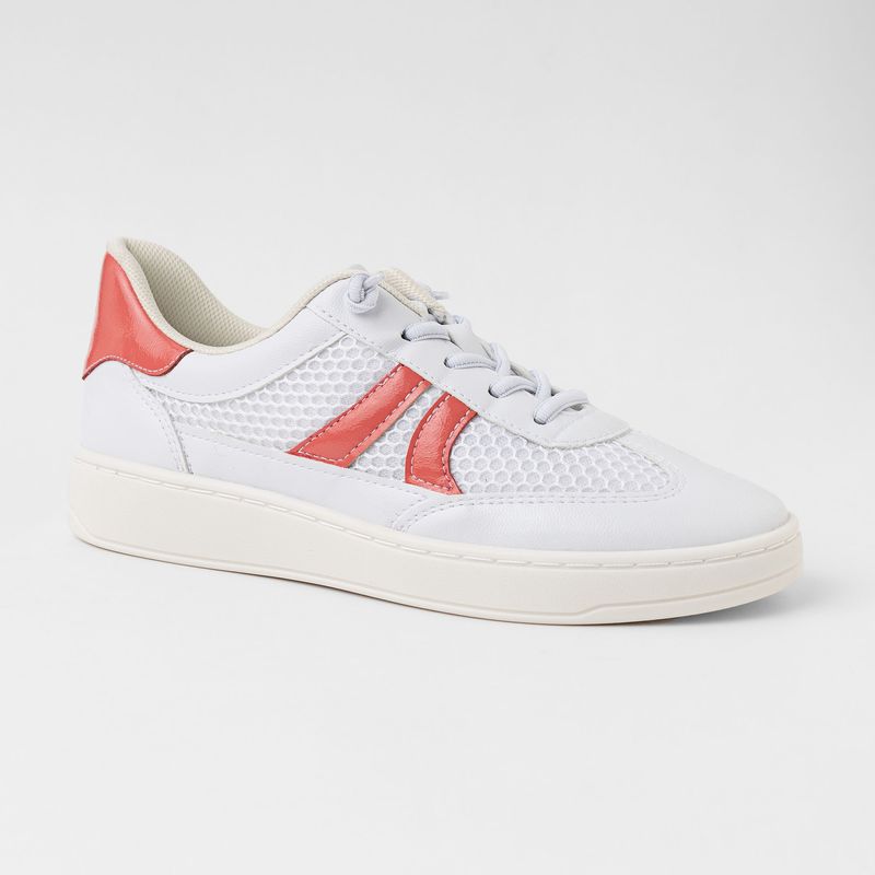 Tênis Beta Salto Baixo Branco Neve com Coral