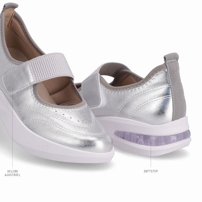 Tênis SoftStep Anabela Médio Prata com Cinza