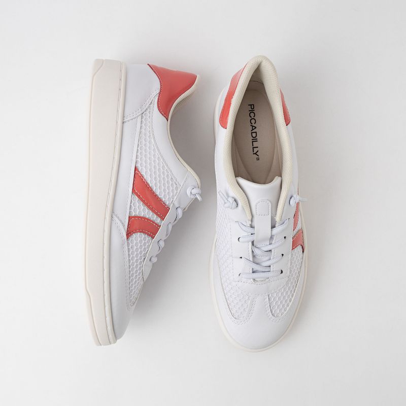 Tênis Beta Salto Baixo Branco Neve com Coral