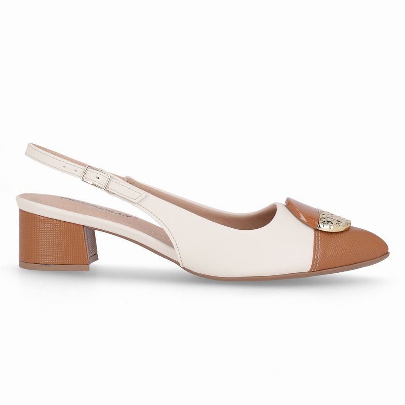 Sapato Slingback Taci Salto Médio Off White com Mascavo