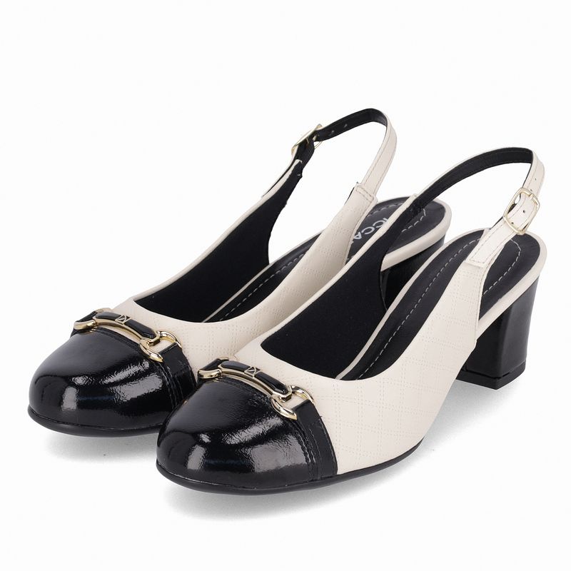 Sapato Slingback Laura Salto Médio Off White com Preto