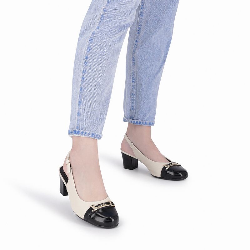 Sapato Slingback Laura Salto Médio Off White com Preto